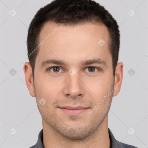 Neutral white young-adult male with short  brown hair and brown eyes