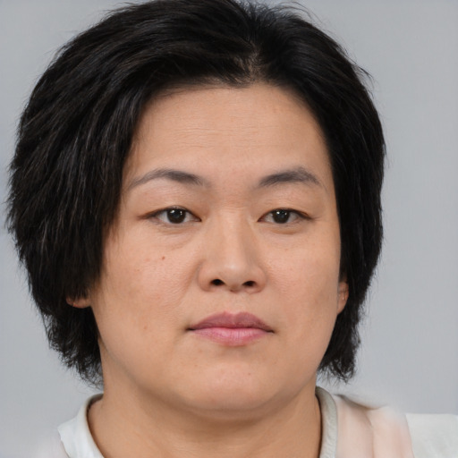 Neutral asian young-adult female with medium  brown hair and brown eyes