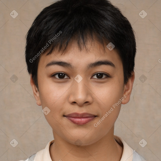 Joyful asian young-adult female with short  brown hair and brown eyes