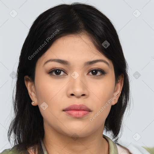 Neutral asian young-adult female with medium  black hair and brown eyes