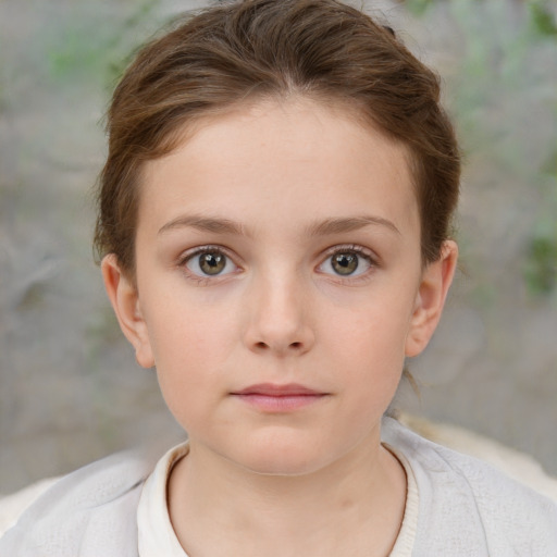 Neutral white child female with short  brown hair and grey eyes