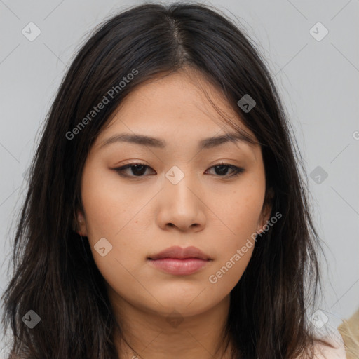 Neutral asian young-adult female with long  brown hair and brown eyes