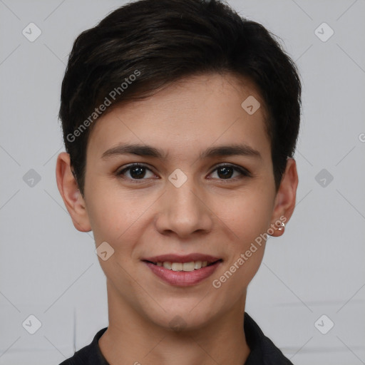 Joyful white young-adult female with short  brown hair and brown eyes