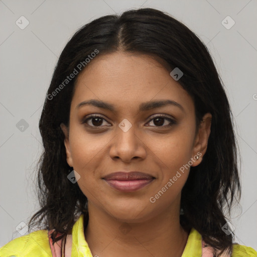 Joyful black young-adult female with medium  brown hair and brown eyes