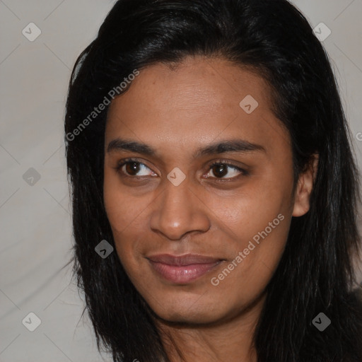 Joyful asian young-adult female with long  brown hair and brown eyes