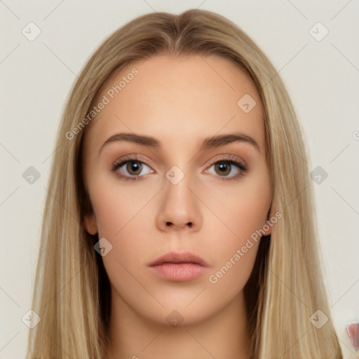 Neutral white young-adult female with long  brown hair and brown eyes