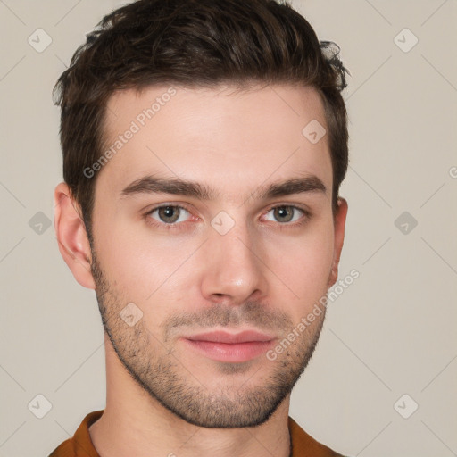 Neutral white young-adult male with short  brown hair and brown eyes