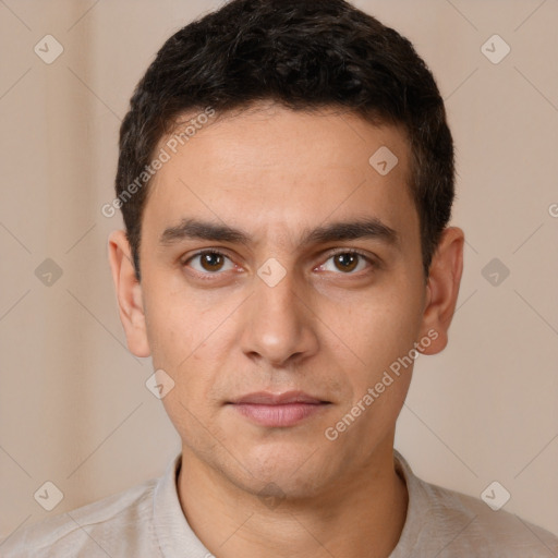 Neutral white young-adult male with short  brown hair and brown eyes