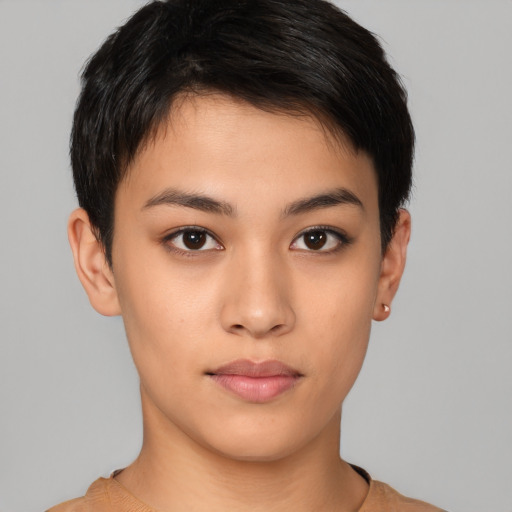 Neutral latino young-adult female with short  brown hair and brown eyes