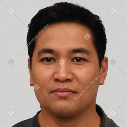 Neutral asian young-adult male with short  black hair and brown eyes