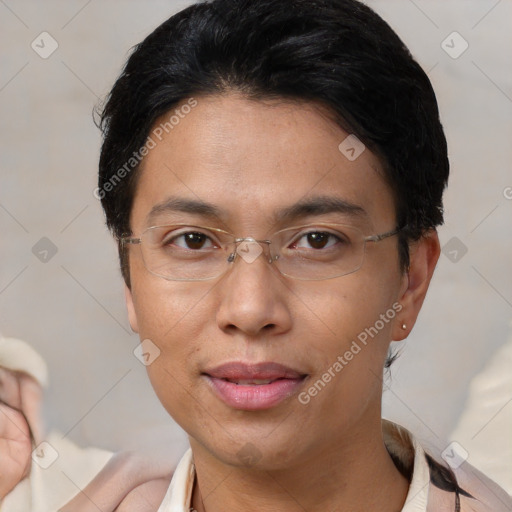 Joyful white adult female with short  brown hair and brown eyes