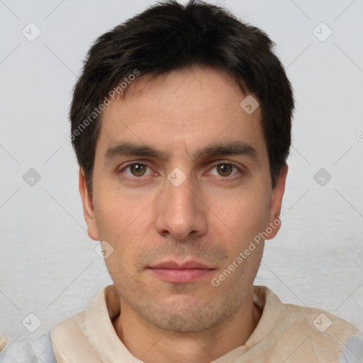 Neutral white young-adult male with short  brown hair and brown eyes