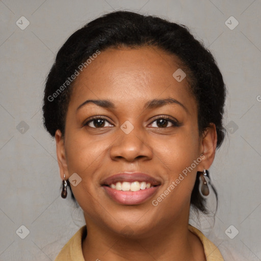 Joyful latino young-adult female with short  brown hair and brown eyes