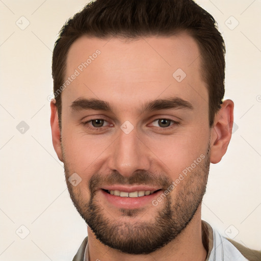 Joyful white young-adult male with short  brown hair and brown eyes