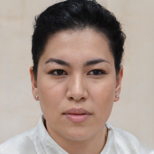 Neutral asian young-adult female with short  black hair and brown eyes