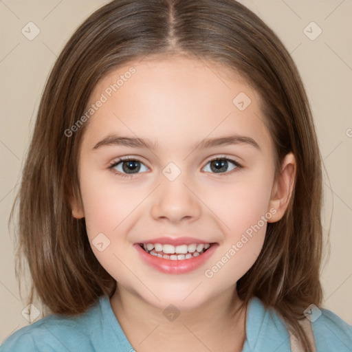 Joyful white child female with medium  brown hair and brown eyes