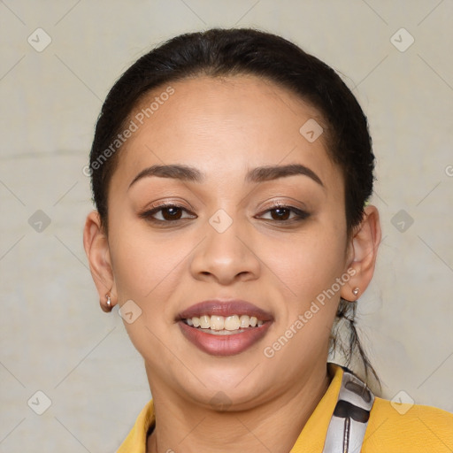 Joyful latino young-adult female with short  brown hair and brown eyes