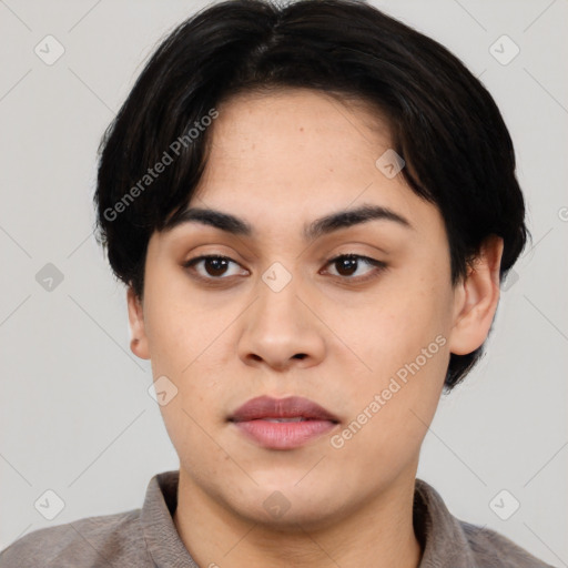 Neutral asian young-adult female with short  black hair and brown eyes