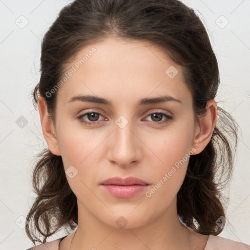 Neutral white young-adult female with medium  brown hair and brown eyes