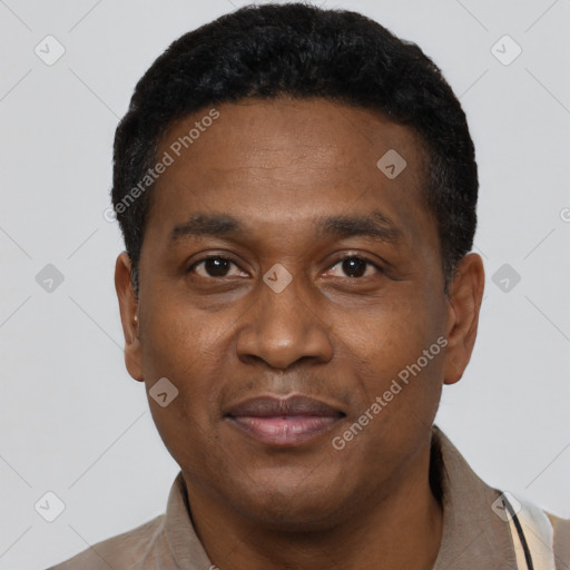 Joyful black young-adult male with short  black hair and brown eyes