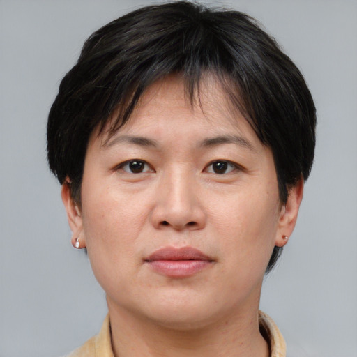 Joyful asian adult female with short  brown hair and brown eyes