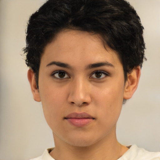 Neutral latino young-adult female with short  brown hair and brown eyes