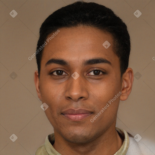 Joyful black young-adult male with short  black hair and brown eyes