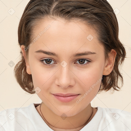 Joyful white child female with medium  brown hair and brown eyes