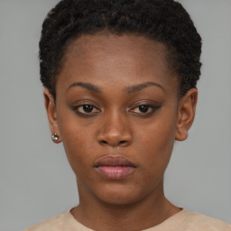 Neutral black young-adult female with short  brown hair and brown eyes