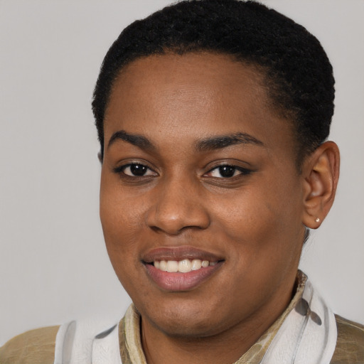 Joyful latino young-adult female with short  black hair and brown eyes