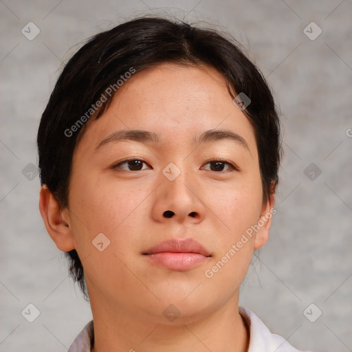 Neutral asian young-adult female with short  brown hair and brown eyes