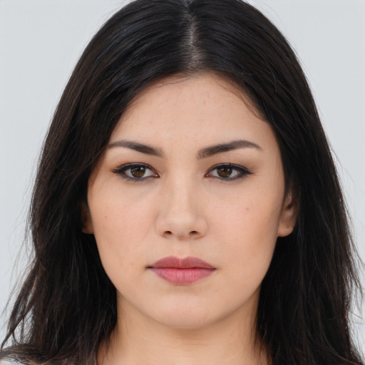 Neutral asian young-adult female with long  brown hair and brown eyes