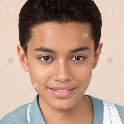 Joyful white child female with short  brown hair and brown eyes