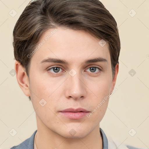 Neutral white young-adult male with short  brown hair and grey eyes