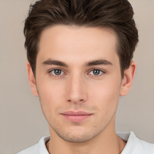 Neutral white young-adult male with short  brown hair and brown eyes