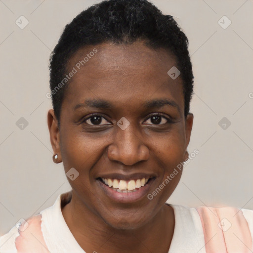 Joyful black young-adult female with short  brown hair and brown eyes