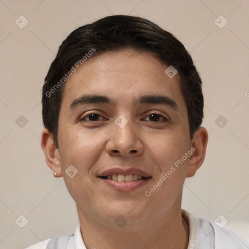 Joyful white young-adult male with short  black hair and brown eyes