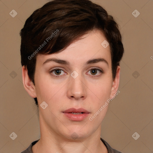 Neutral white young-adult female with short  brown hair and brown eyes