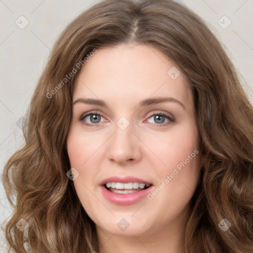 Joyful white young-adult female with long  brown hair and green eyes