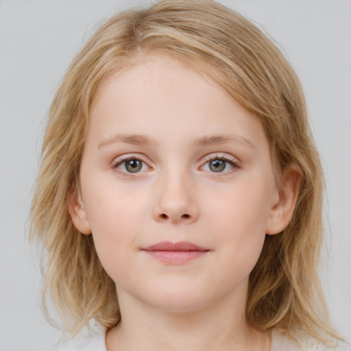 Neutral white child female with medium  brown hair and blue eyes