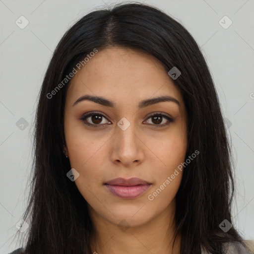 Neutral latino young-adult female with long  brown hair and brown eyes