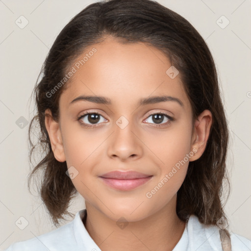 Joyful white child female with medium  brown hair and brown eyes