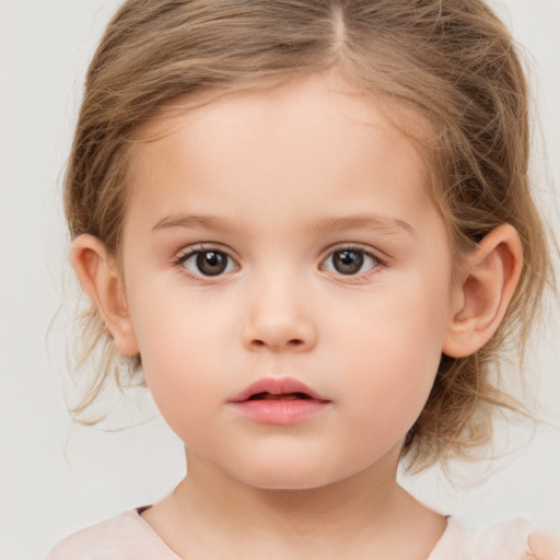 Neutral white child female with medium  brown hair and grey eyes