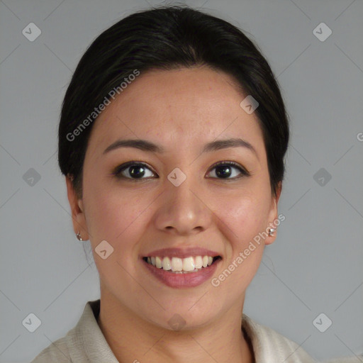 Joyful asian young-adult female with medium  brown hair and brown eyes