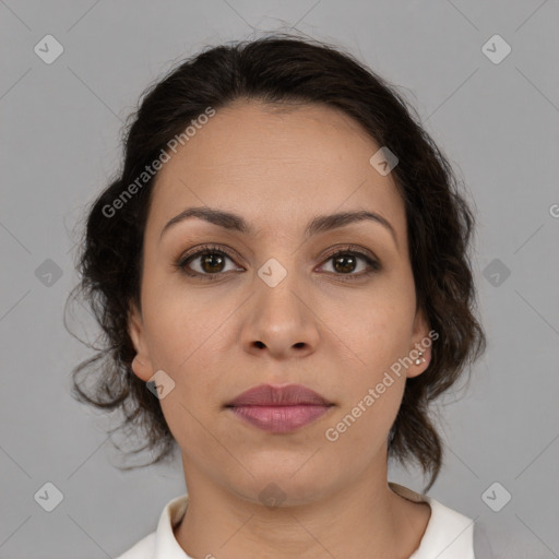 Neutral white young-adult female with medium  brown hair and brown eyes