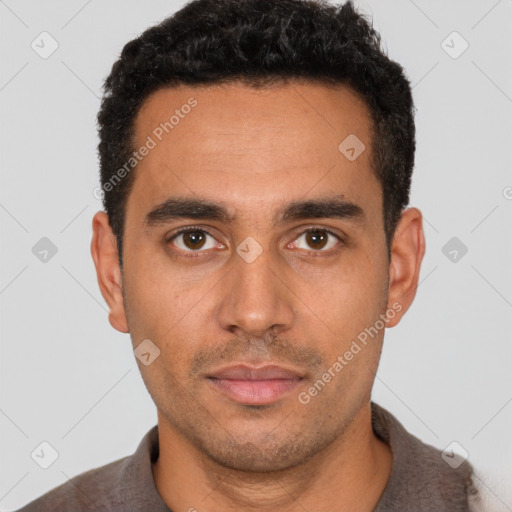 Neutral latino young-adult male with short  black hair and brown eyes