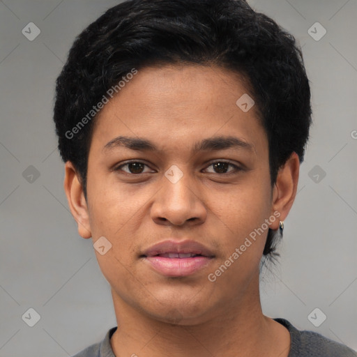 Joyful latino young-adult female with short  black hair and brown eyes