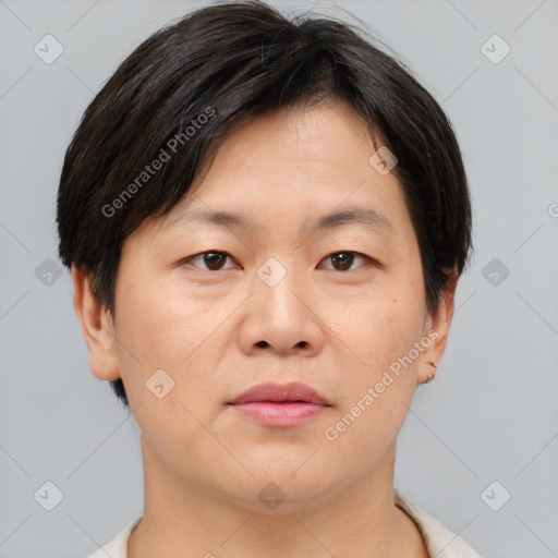 Joyful asian adult male with short  brown hair and brown eyes