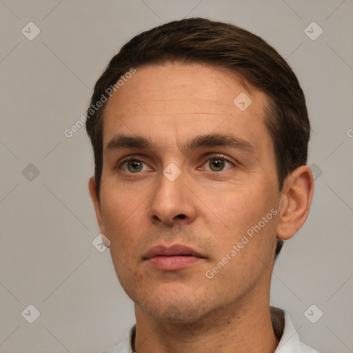 Neutral white adult male with short  brown hair and brown eyes