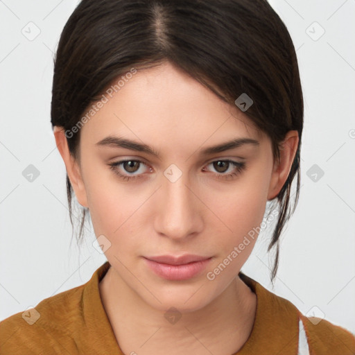 Neutral white young-adult female with medium  brown hair and brown eyes